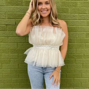 MABLE Tulle Tube Top Cream Strapless Ruffled Large